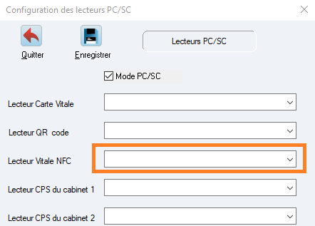 Fenêtre Configuration des lecteurs PC/SC : champ « Lecteur Vitale NFC » encadré.