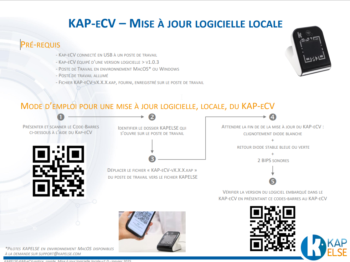 Notice Kapelse « KAP-eCV – Mise à jour logicielle locale » : prérequis, 5 étapes et deux QR codes à présenter au lecteur.