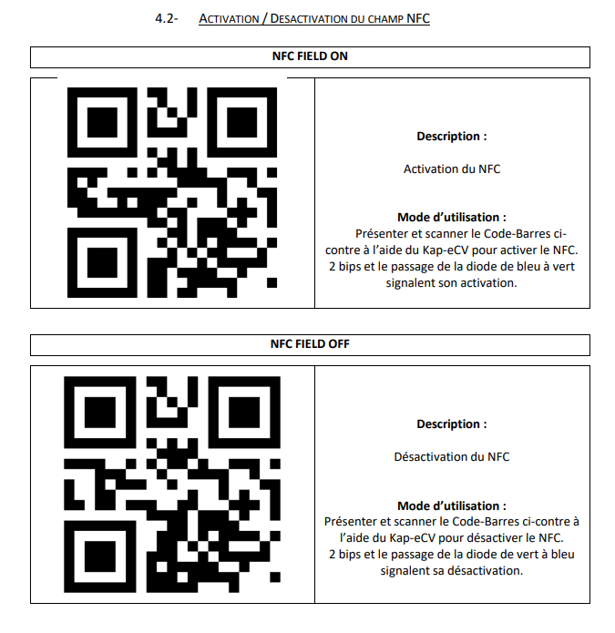 Notice Kapelse : QR codes « NFC FIELD ON » (activation du NFC) et « NFC FIELD OFF » (désactivation).