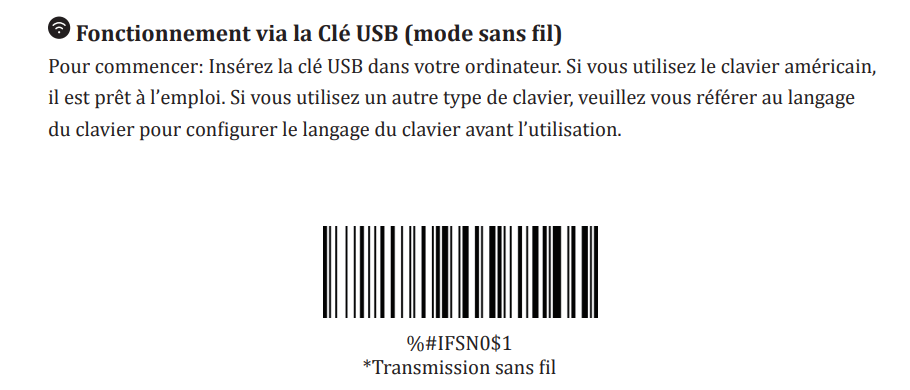 Notice NETUM : fonctionnement via la clé USB (mode sans fil) et code-barres « %#IFSN0$1 – Transmission sans fil » à biper.
