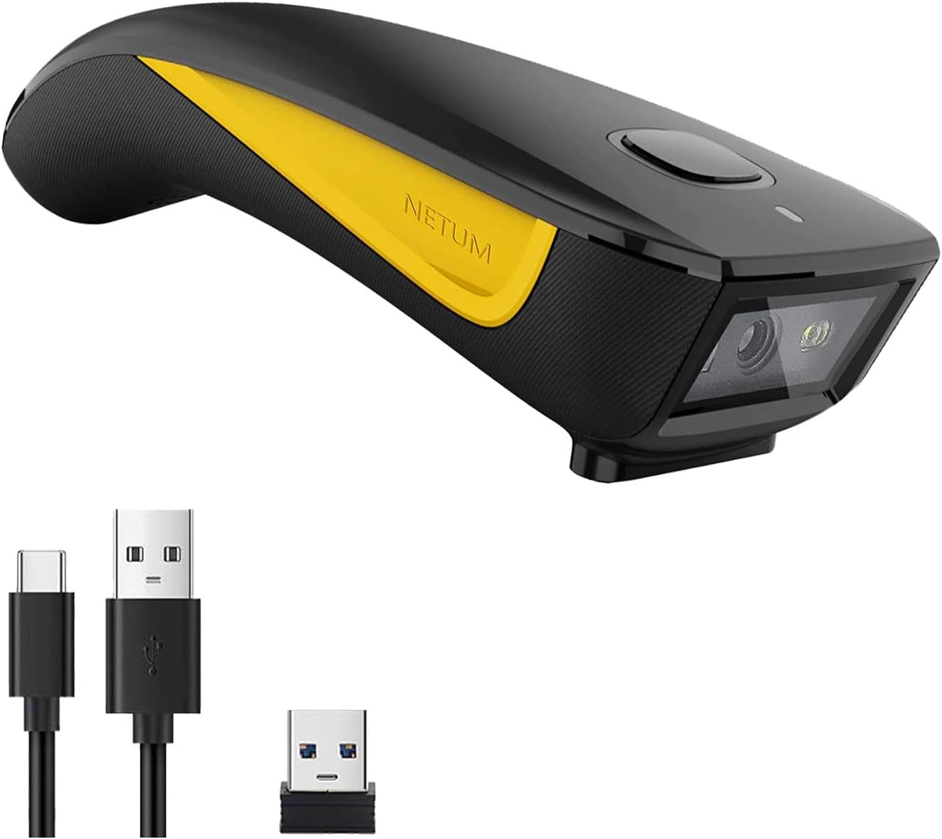 Douchette NETUM C750 avec son câble USB et sa clé USB sans fil.